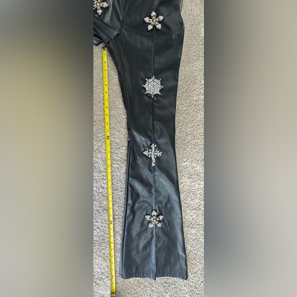 Fashion Nova Faux Leather Rhinestone Crop Top & Flare Pants Set | Black | M - Picture 15 of 15